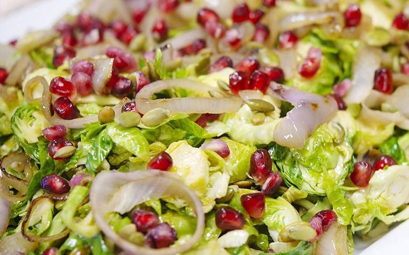 Raw Shaved Brussels Salad with Maple Balsamic Dressing