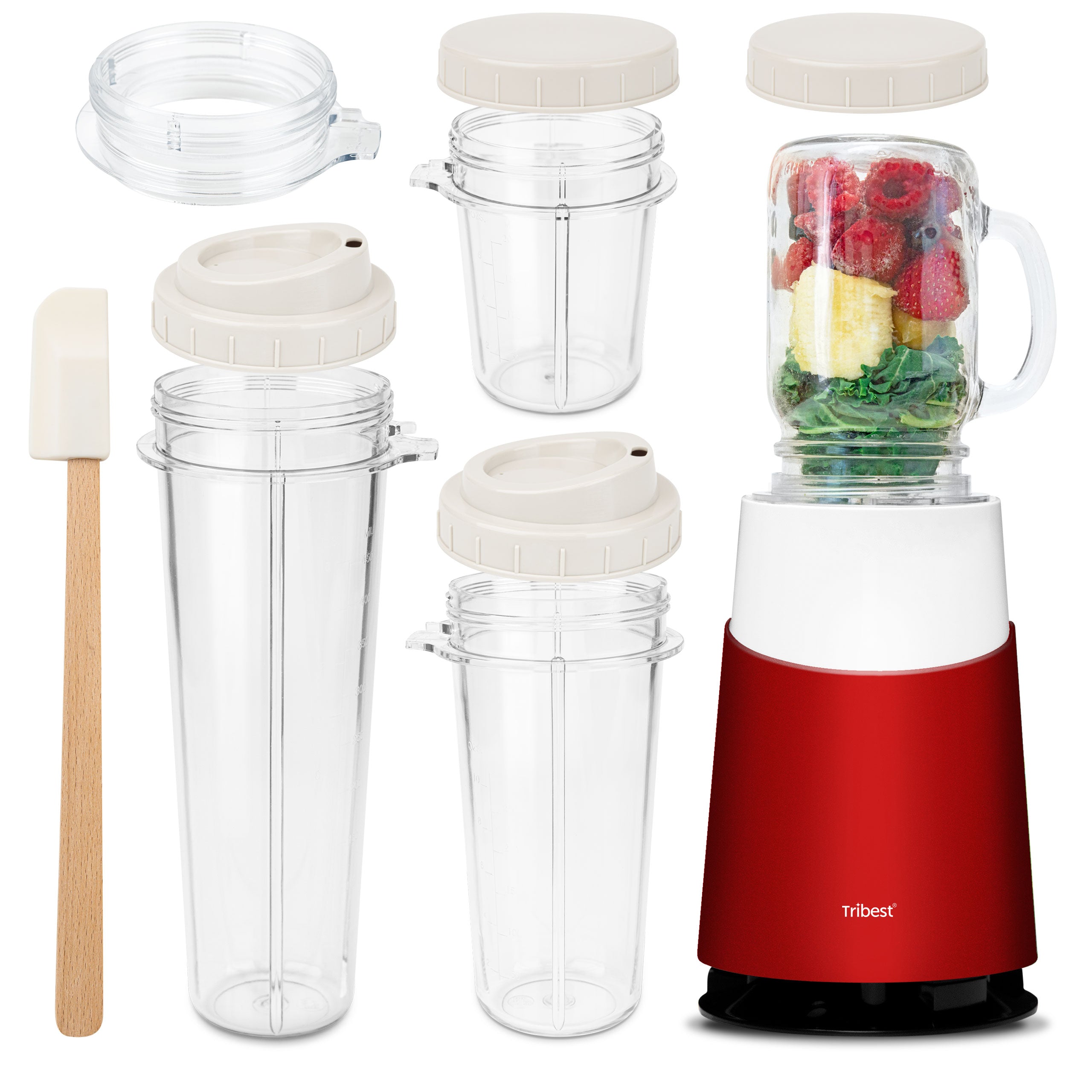 Personal Blender II® Mason Jar Ready (Basic with Mason Jar Mug 12-Piece Set) in Red PB-430RD-A - Tribest