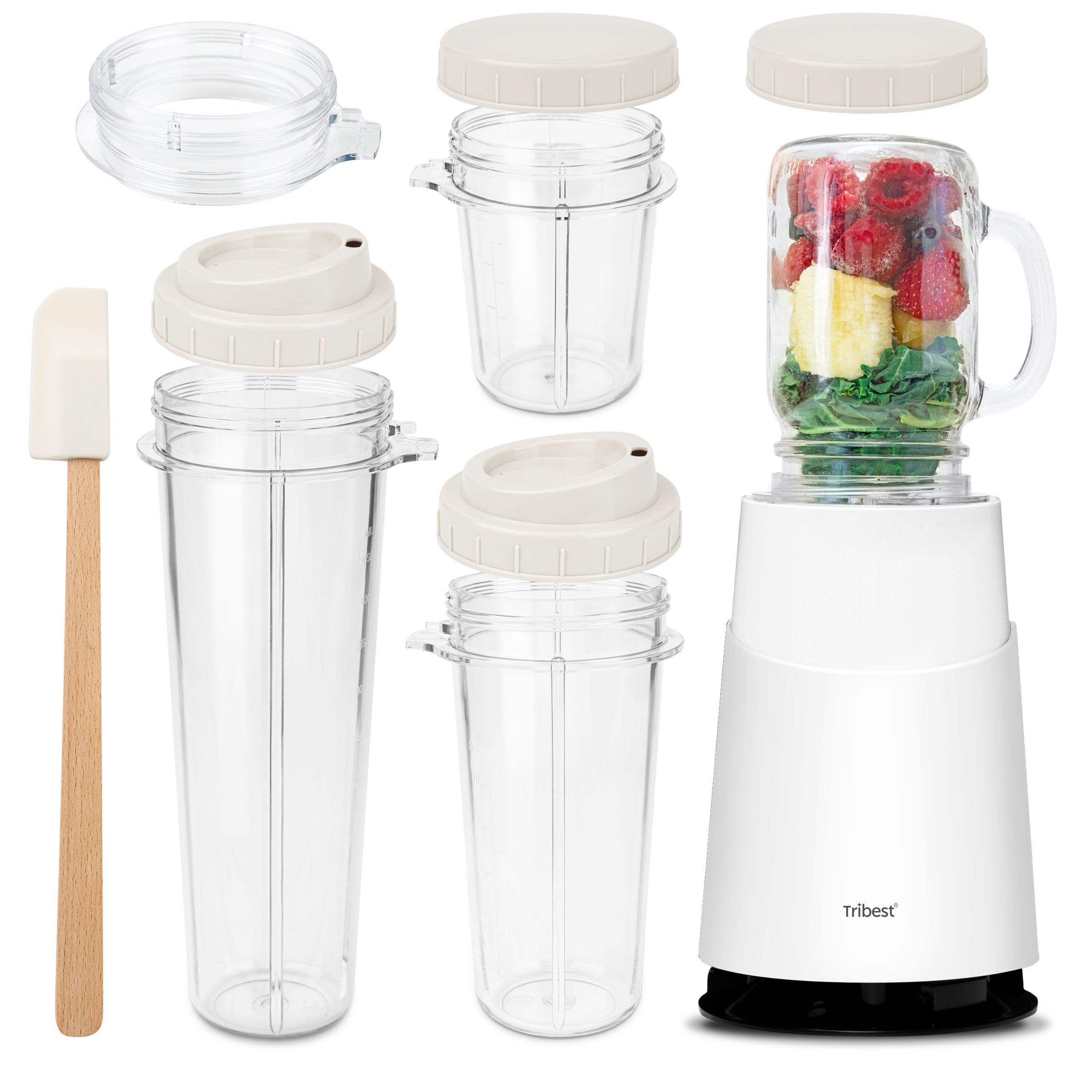 Personal Blender II® Mason Jar Ready (Basic with Mason Jar Mug 12-Piece Set) in White PB-430WH-A - Tribest